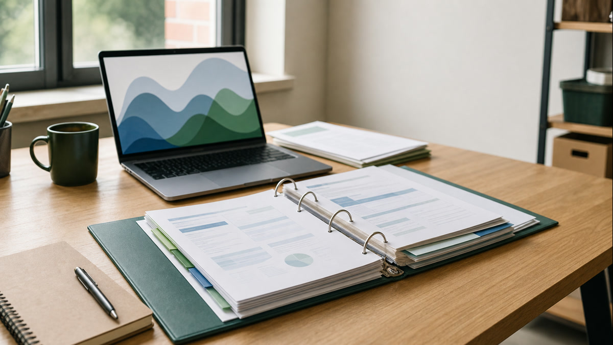 An organized folder with energy bills next to a laptop displaying a utility tracking spreadsheet