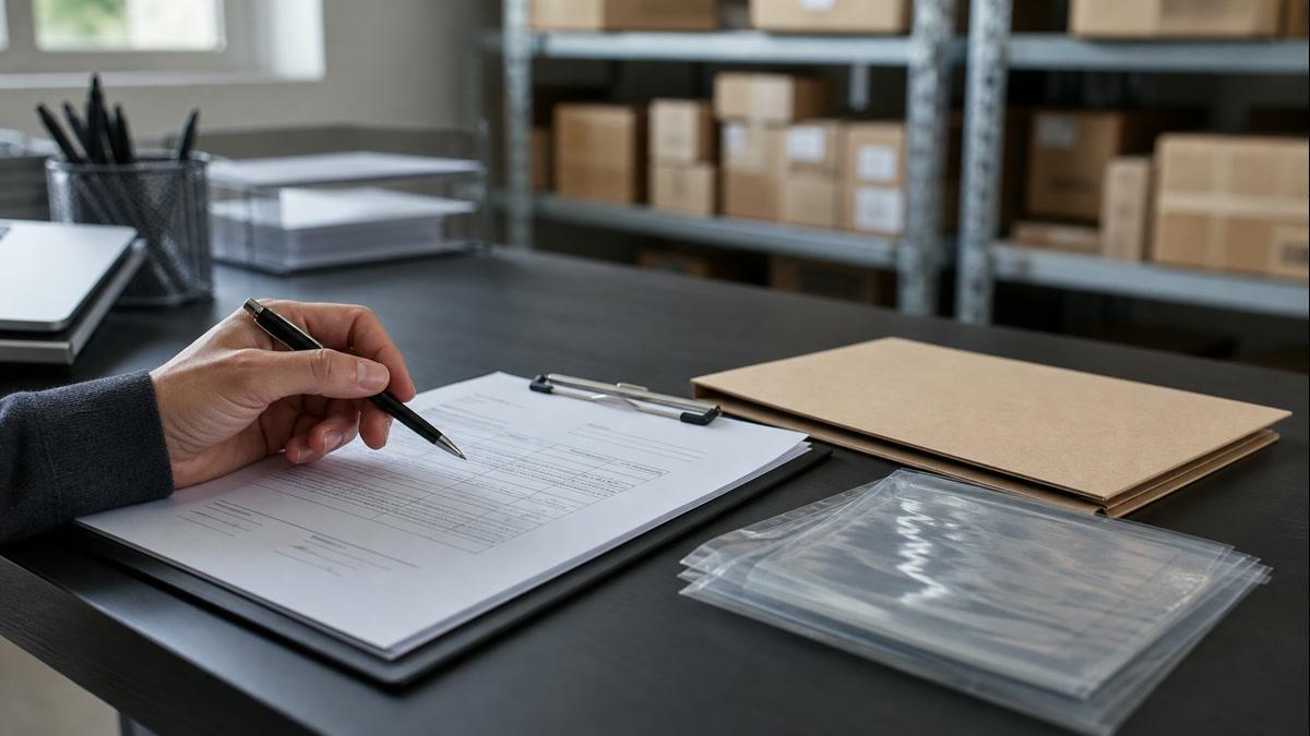 A business owner reviewing supplier agreements on a clipboard at a logistics warehouse desk