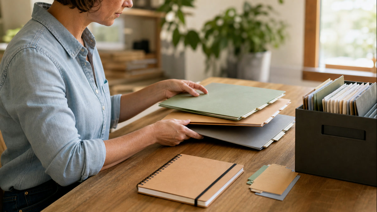 A business owner organizing operational records at a modern desk