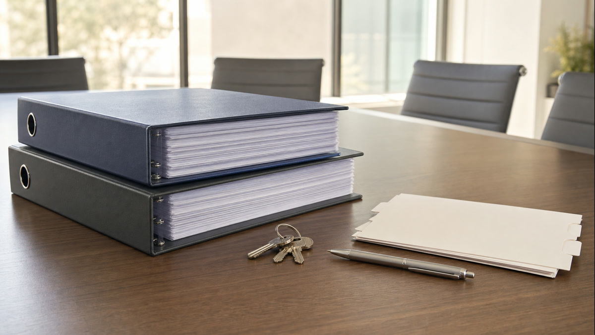 An executive reviewing document folders at a modern conference table with natural light
