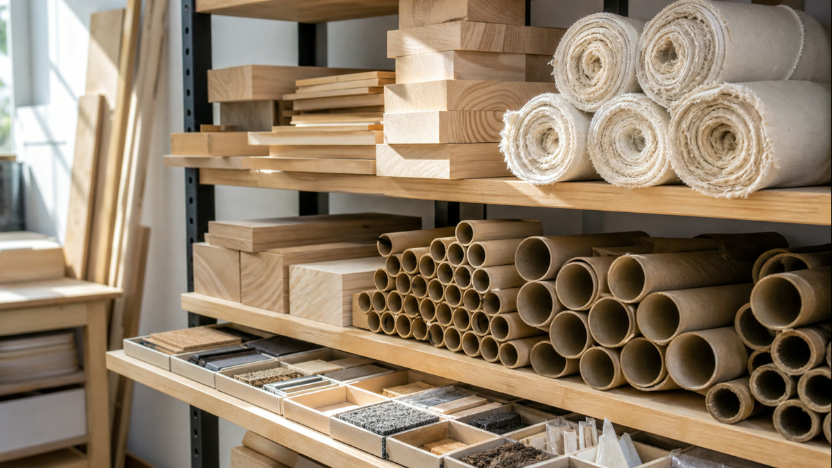 Raw eco-friendly manufacturing materials organized on shelves in a workspace