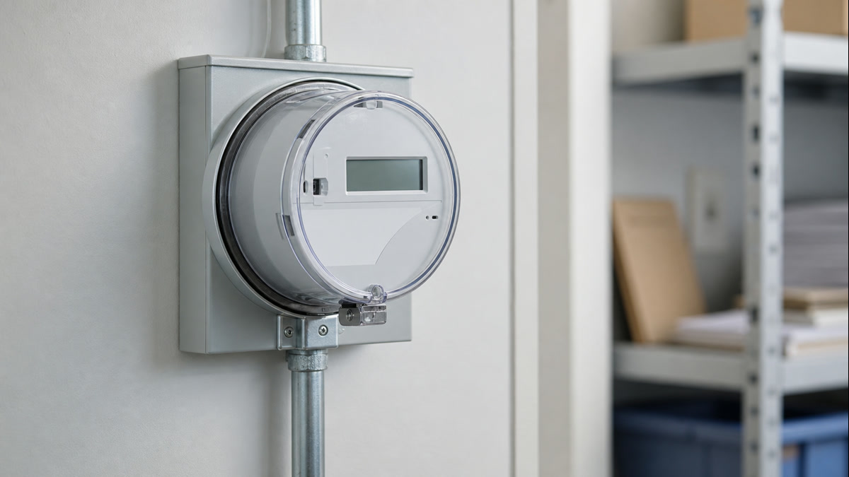 A close-up of a digital utility meter on a wall with soft natural background lighting