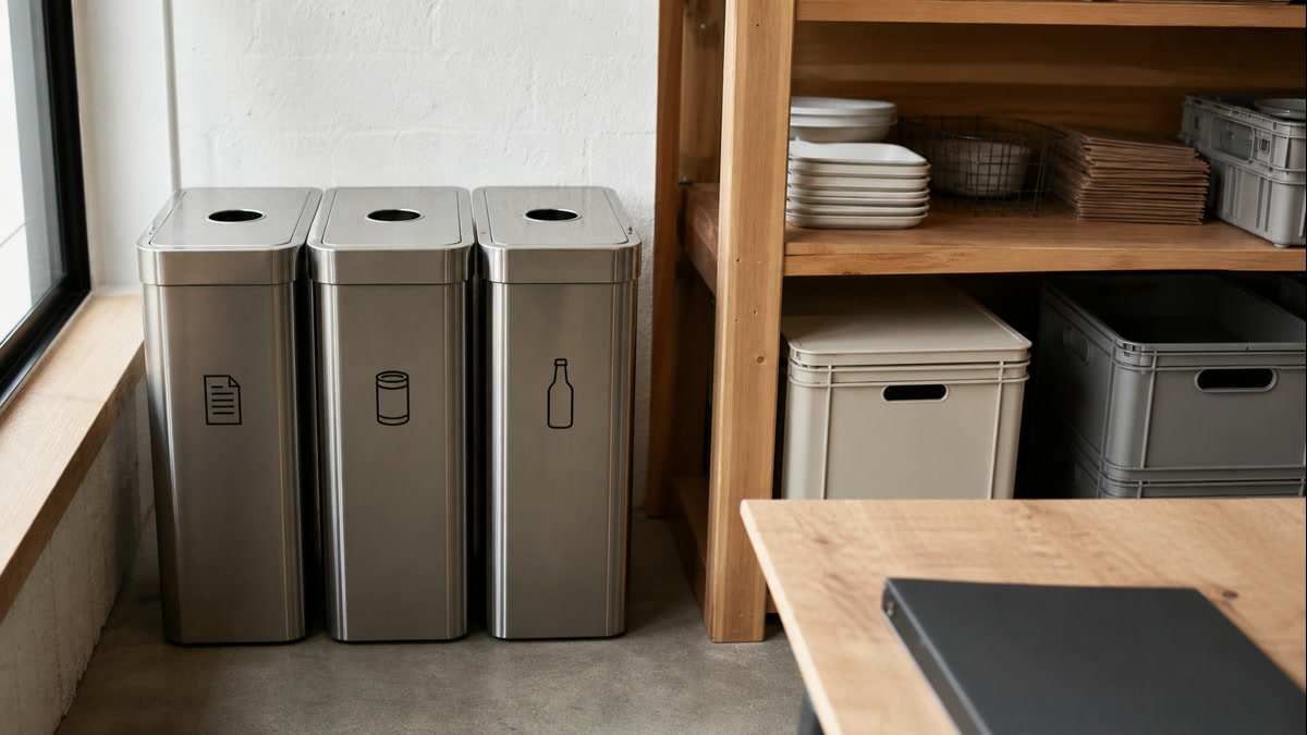 Neatly labeled recycling and waste bins in a tidy corporate office breakroom